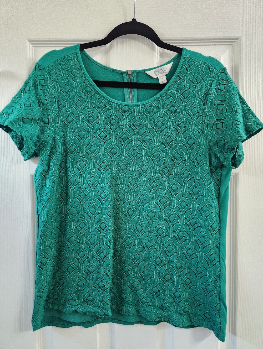 Market & Spruce Green Lace Overlay Short Sleeve Top